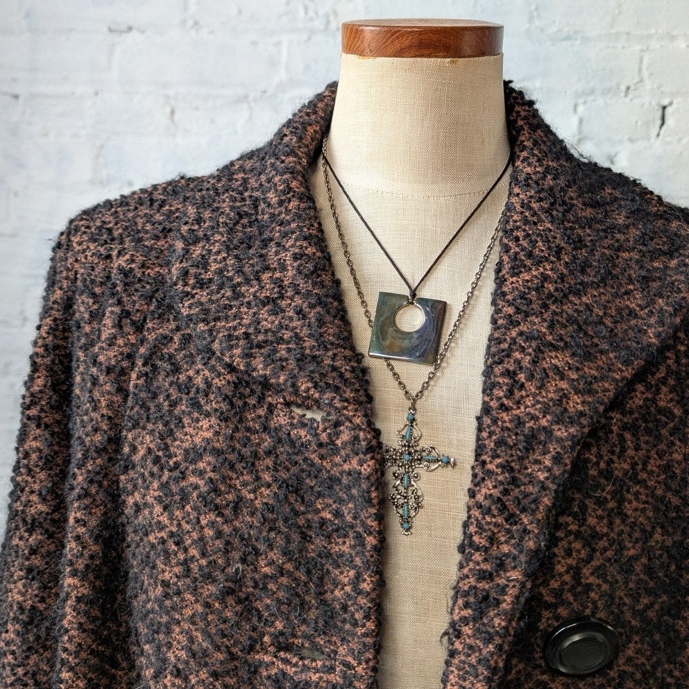 Vintage Black Rusty Fuzzy Wool Trench Coat Preppy Knit Boucle Boho Breezy Jacket