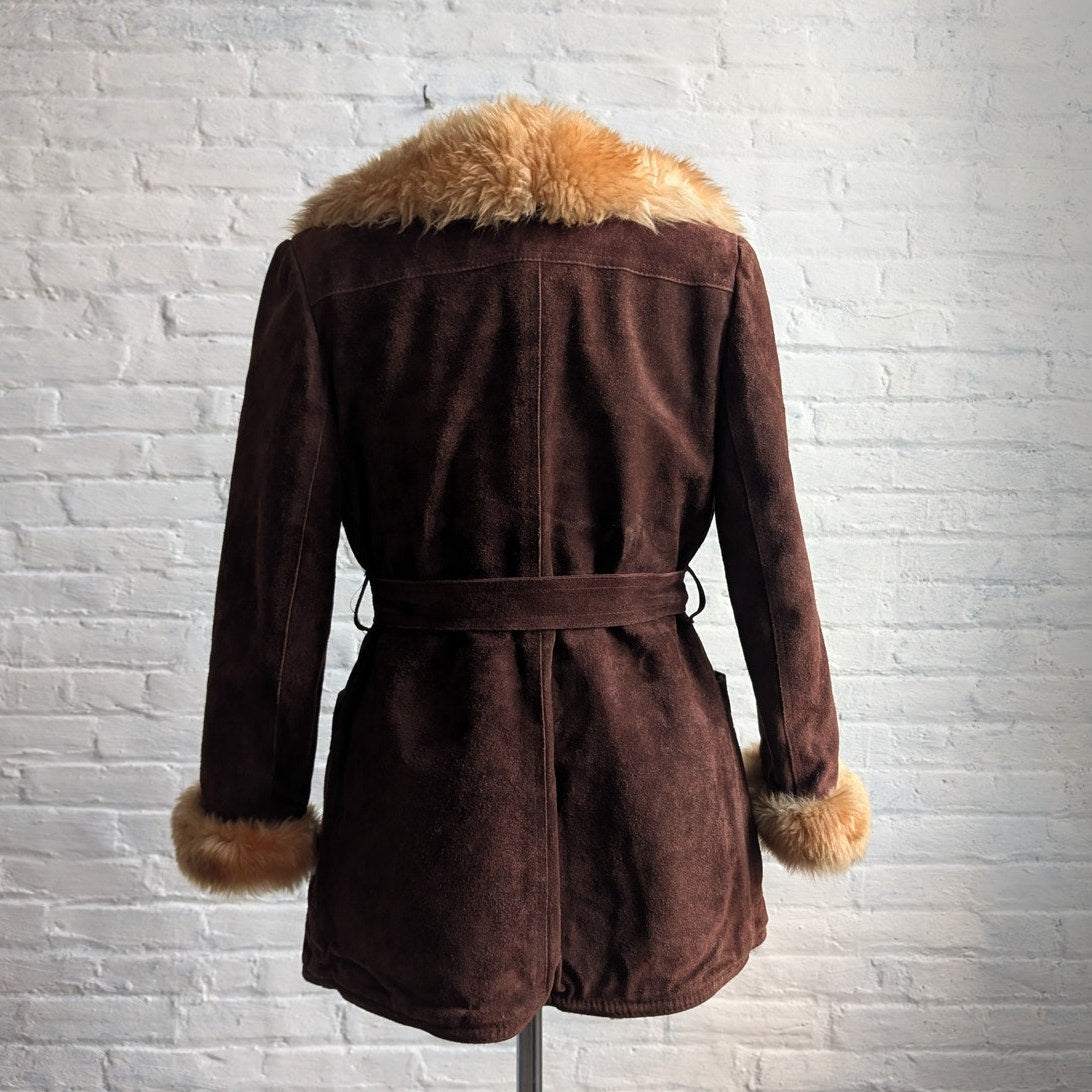 Vintage Brown Suede Penny Lane Coat Faux Fur Furry Afghan Leather Groovy Jacket