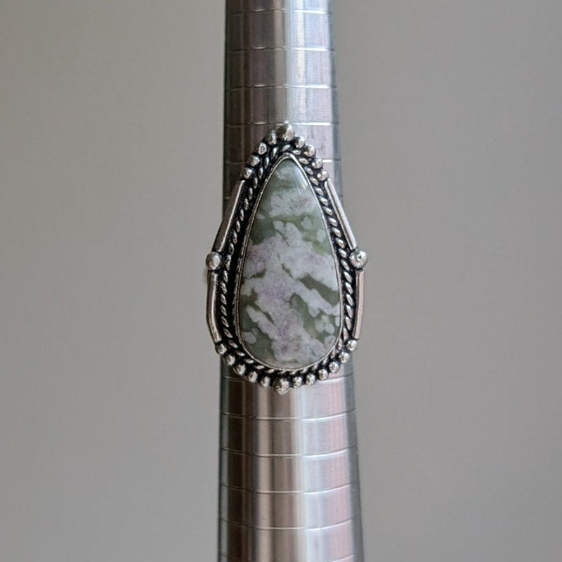 Green Swirl Sterling Silver Ring Size 8.25 Retro Vintage Boho Natural Stone