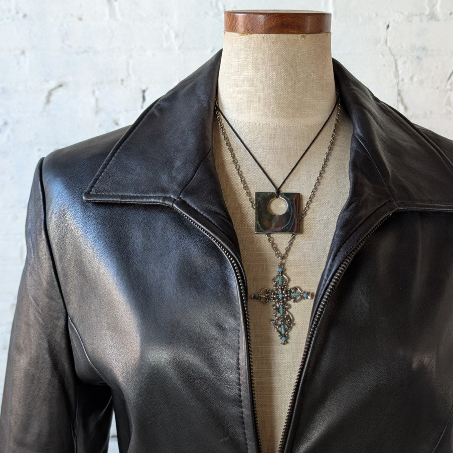 Vintage Black Leather Jacket Minimalist Biker Chic 90s Black Leather Coat Medium