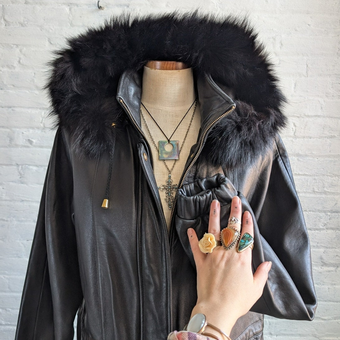 Vintage Black Leather Jacket Fox Fur Coat Sexy Black Leather Trench Coat Medium
