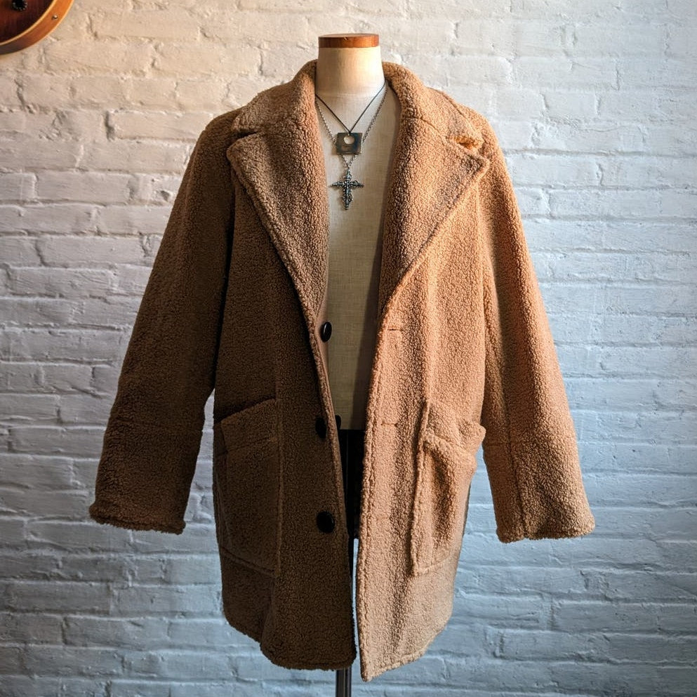 Brown Faux Fur Coat Teddy Jacket Quilted Puffer Coat Designer Reversible Large