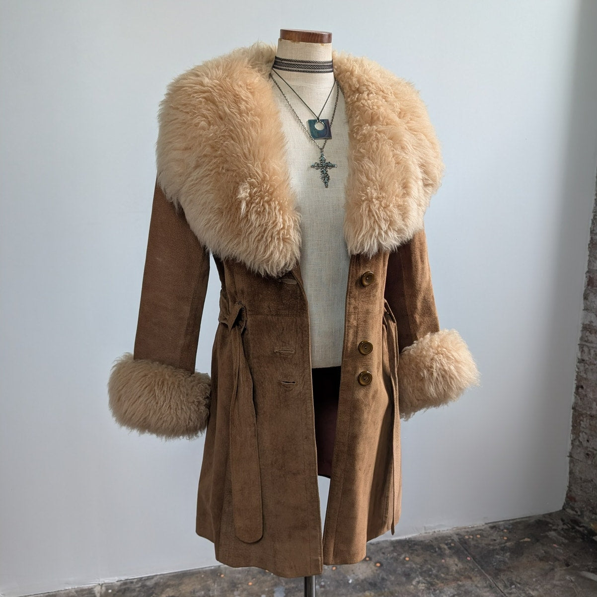 Vintage Brown Suede Fur Coat Boho Tan Leather Penny Lane Jacket Fur Trim Small