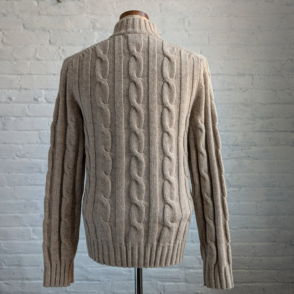 Y2K Neutral Oatmeal Lambswool Cable Knit Sweater Chunky Fisherman Minimalist Top