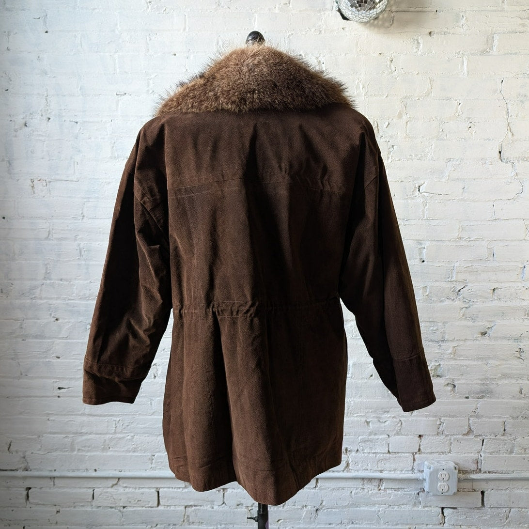 Vintage Brown Suede Coat Fur Trim Genuine Leather Minimalist Mini Trench Jacket