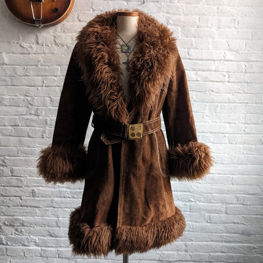 Vintage Penny Lane Fur Furry Genuine Suede Leather Groovy Mod Trench Coat Jacket