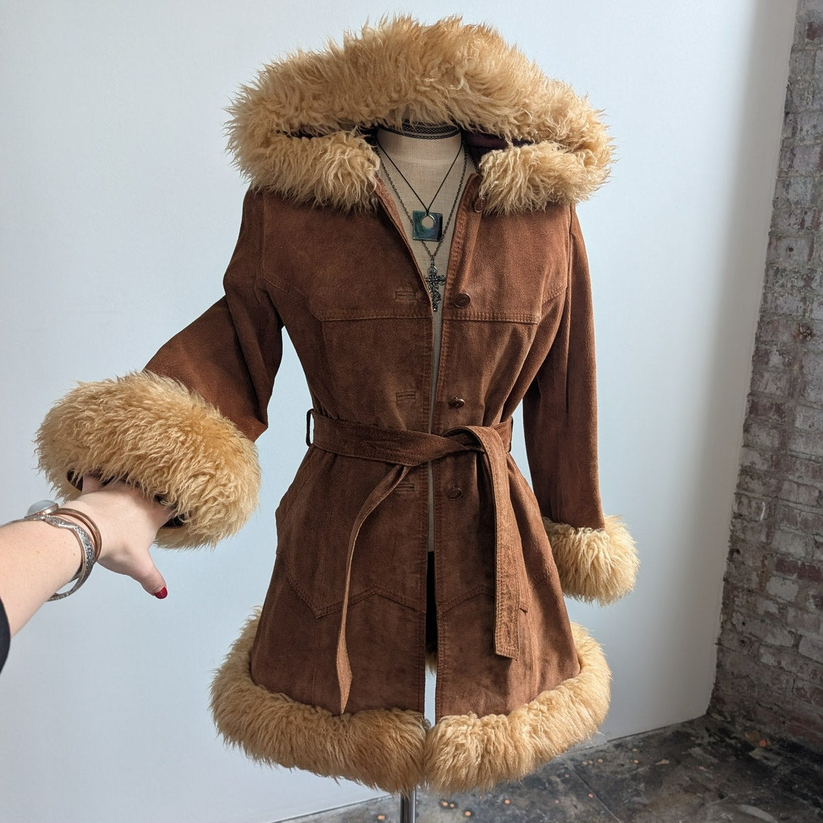 Vintage Brown Suede Coat Penny Lane Jacket Leather Trench Fur Coat Afghan Small