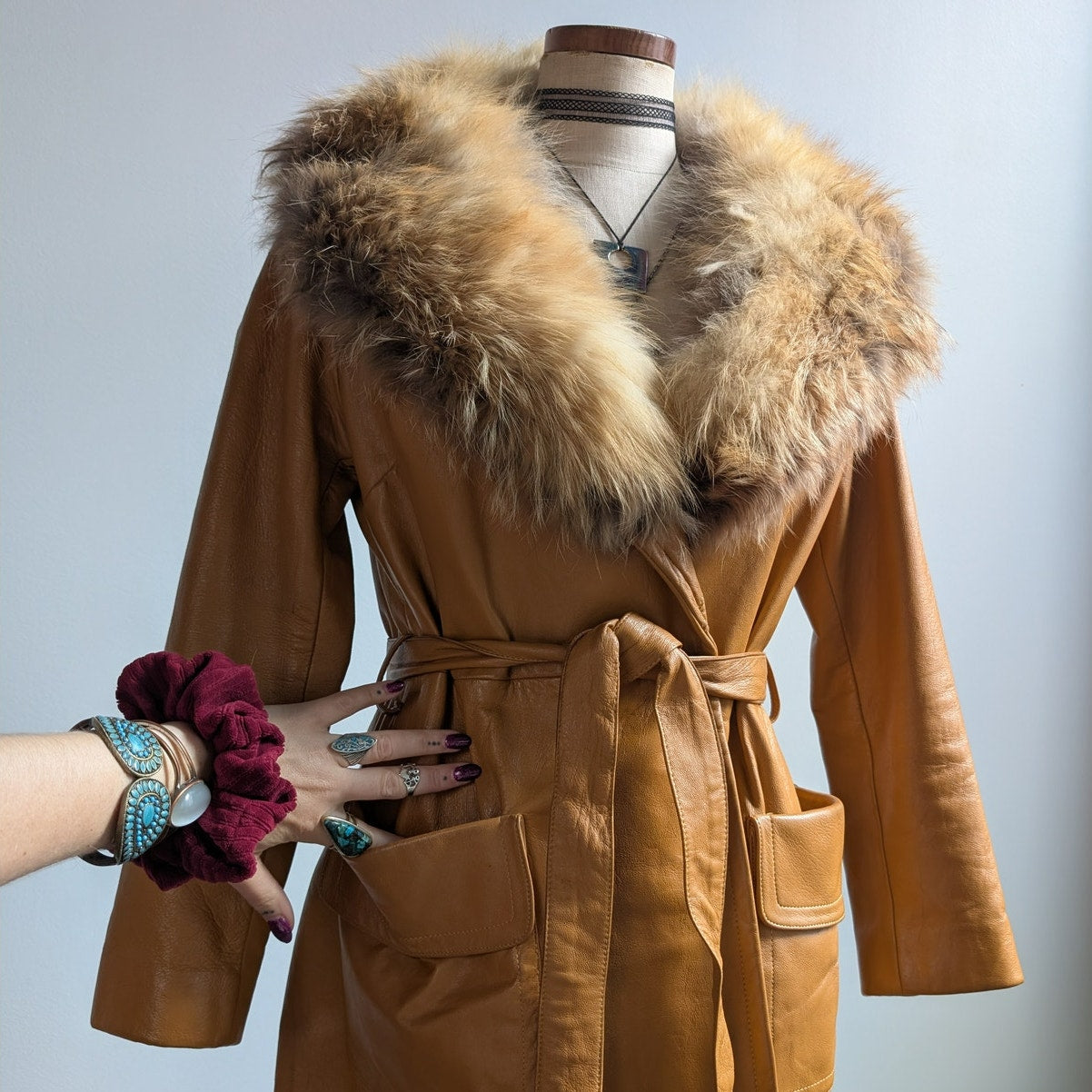 Vintage Mustard Leather Penny Lane Jacket Groovy Fur Trim 70s Trench Coat Medium