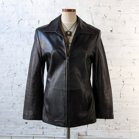 Vintage Black Leather Jacket Minimalist Biker Chic 90s Black Leather Coat Medium