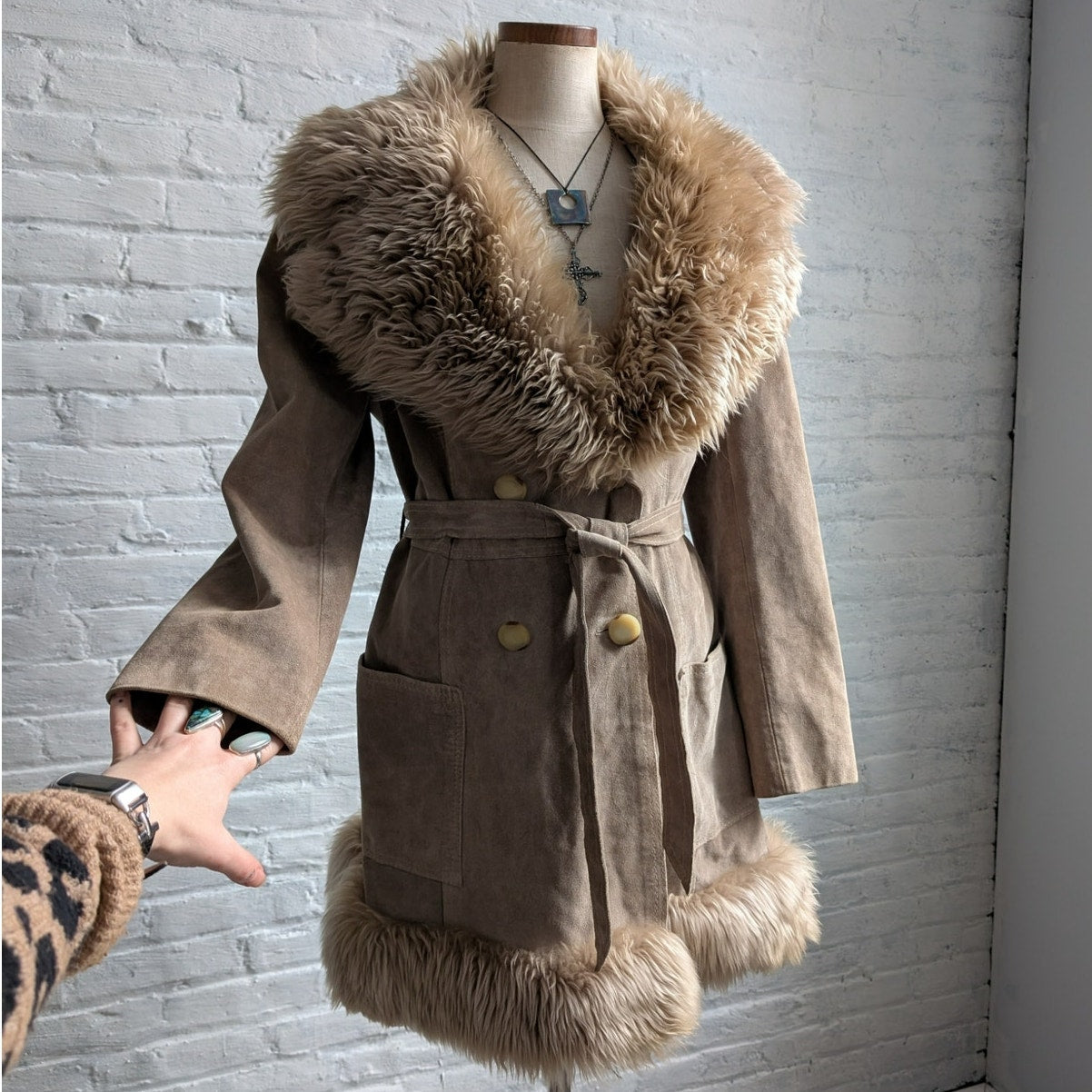 70s Vintage Brown Leather Penny Lane Coat Tan Suede Fur Groovy Boho Afghan Coat