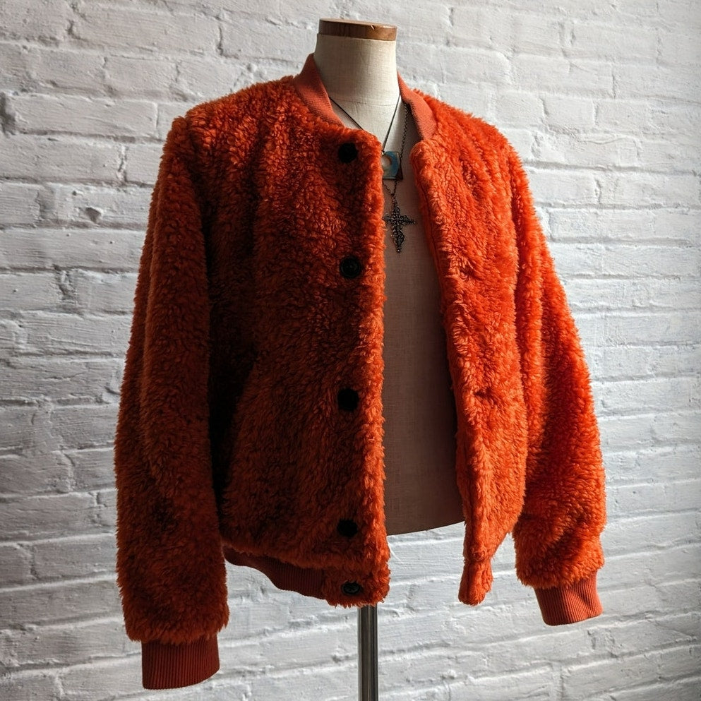 Uniqlo Faux Fur Orange Coat Fuzzy Bomber Indie Retro Statement Preppy Jacket