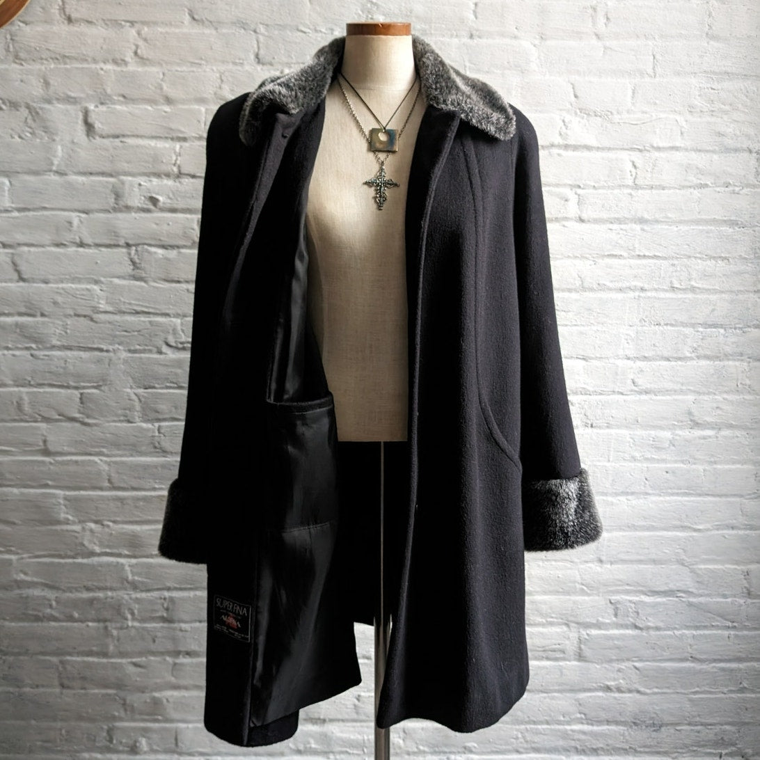 Vintage Black Wool Minimalist Trench Coat Fuzzy Faux Fur Dark Academia Jacket