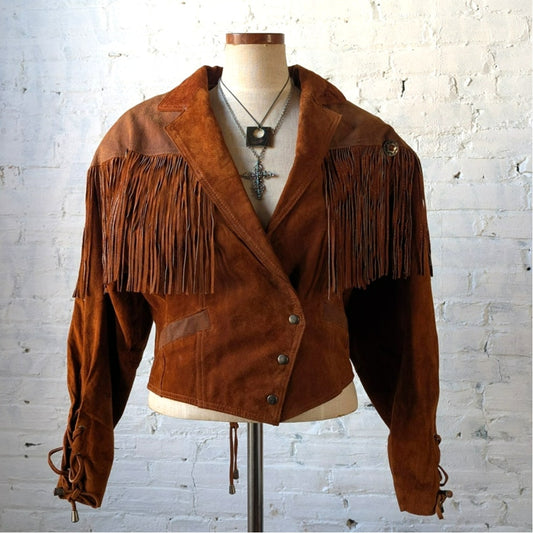 Vintage Rust Orange Brown Suede Leather Jacket Fringe Biker Western Moto Coat