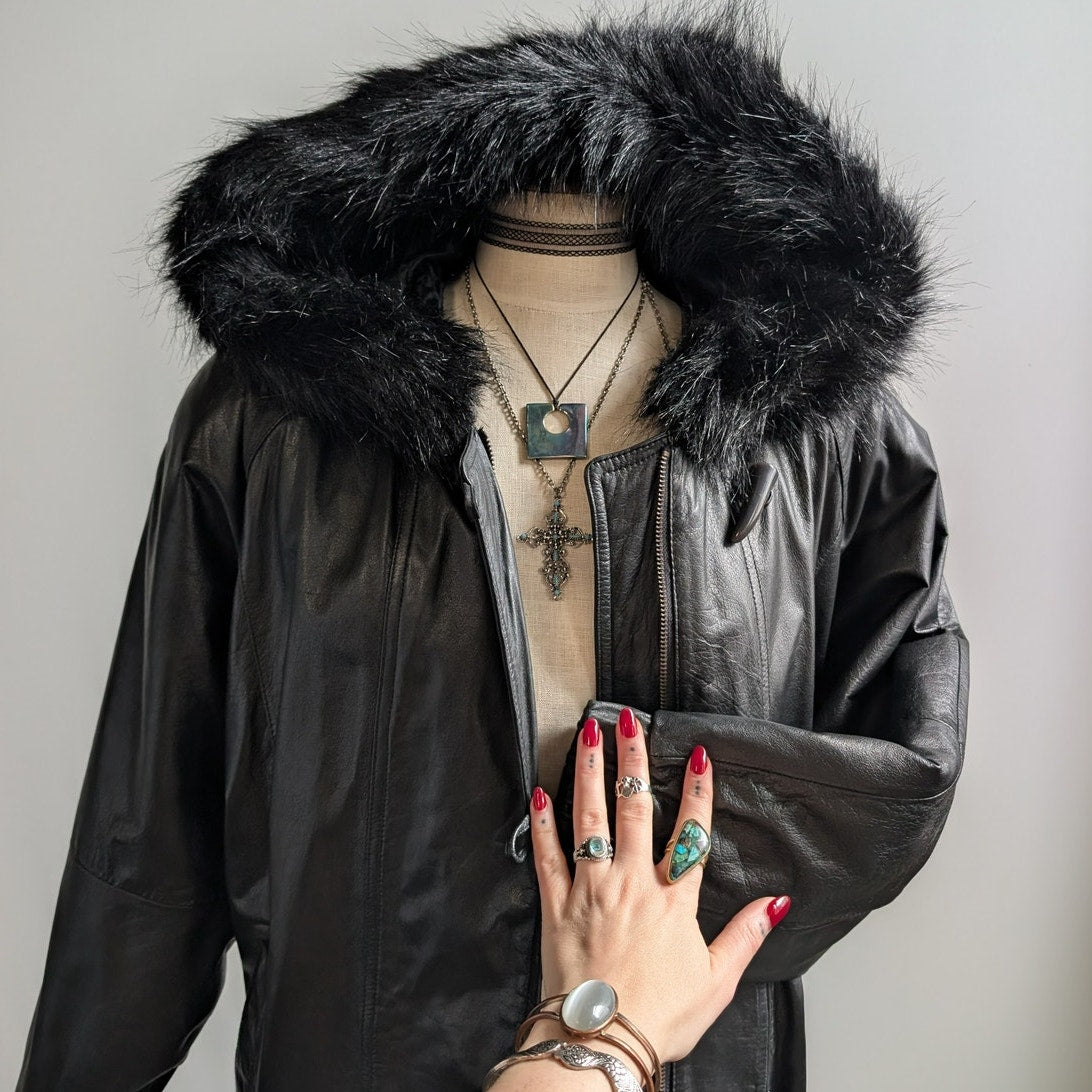 Vintage Black Leather Jacket Penny Lane Fur Hooded Trench Coat Minimalist Medium