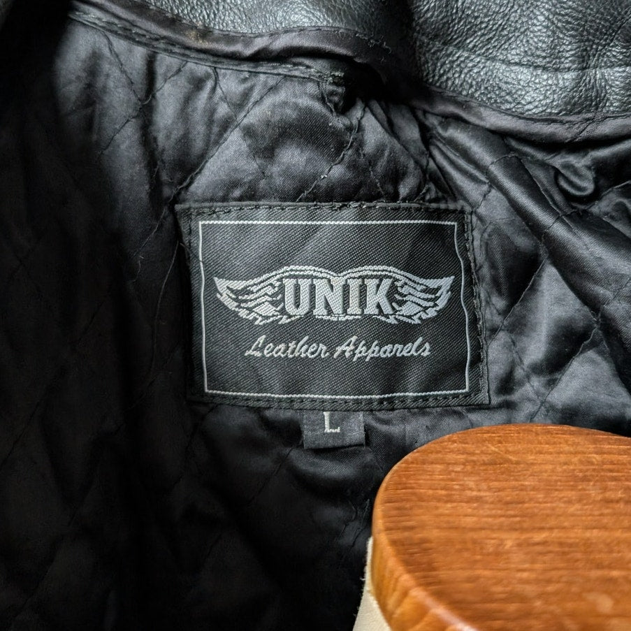 Vintage Black Leather Biker Fringe Jacket Moto Western Velvet Goth Coat Large