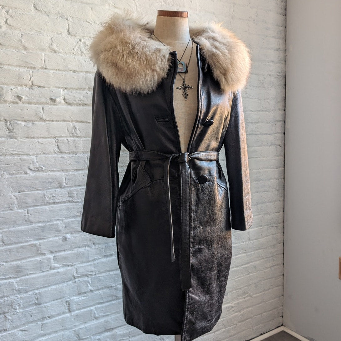 Vintage Black Genuine Leather Penny Lane Coat Fox Fur Trench Minimalist Jacket