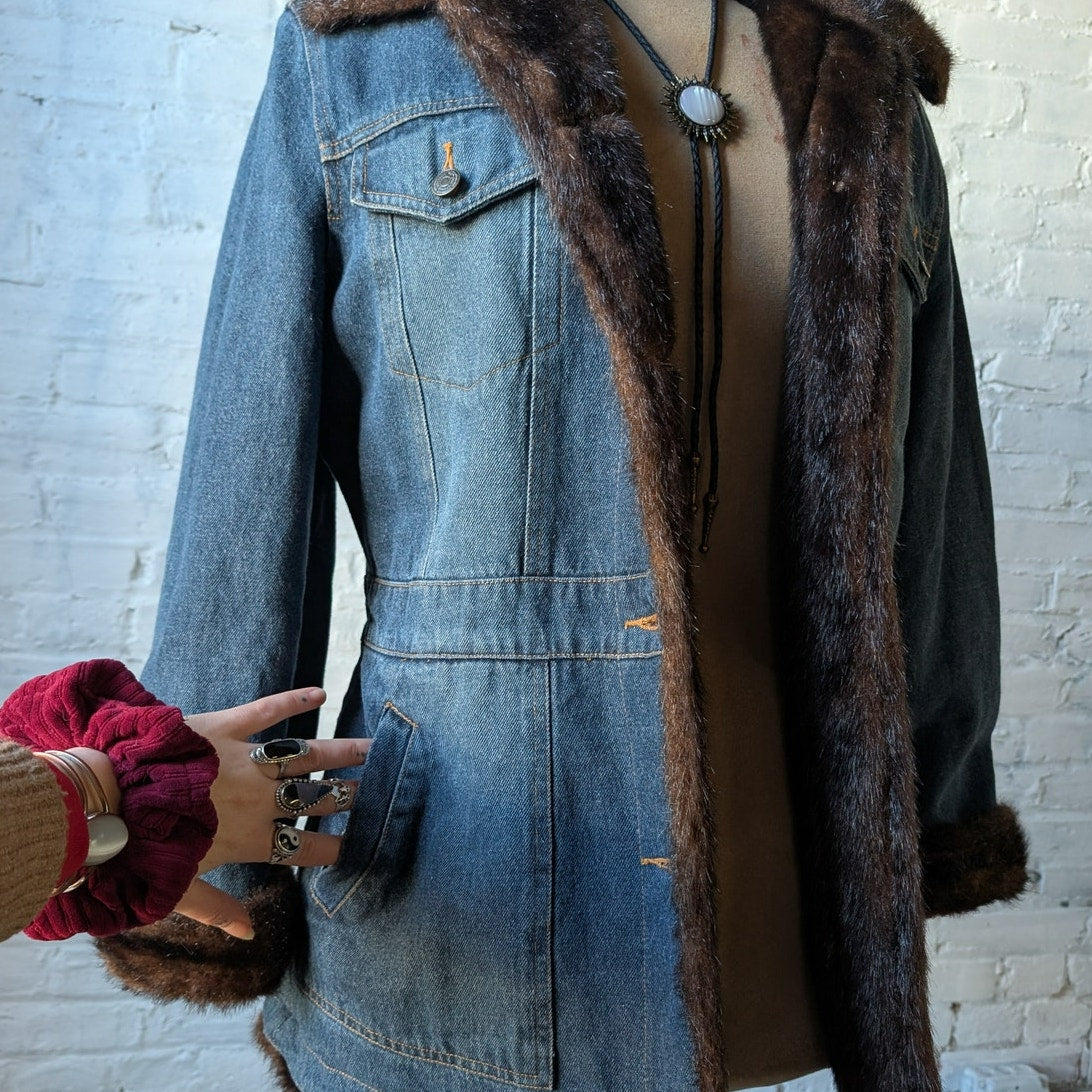 Vintage Denim Faux Fur Jacket Blue Jean Penny Lane Furry Cozy Western Chore Coat