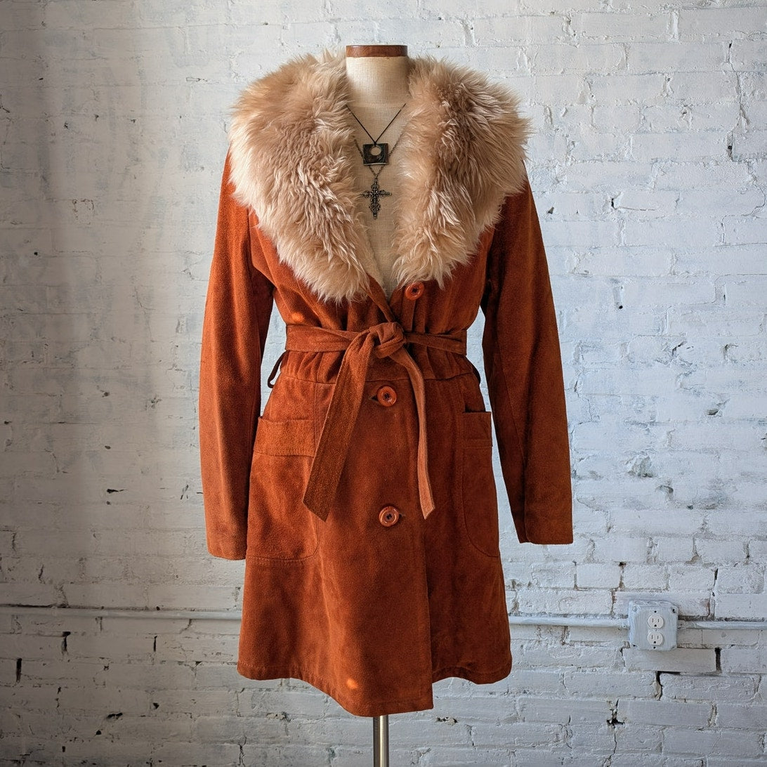 Vintage Orange Suede Penny Lane Jacket Leather Trench Coat Faux Fur Coat Large