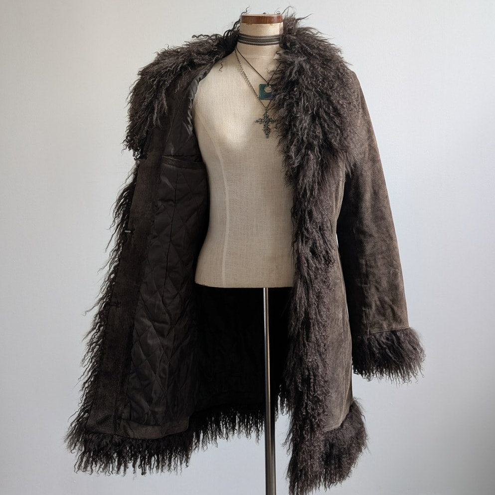 Vintage Brown Suede Penny Lane Jacket Fur Shag Leather Groovy Trench Coat Medium
