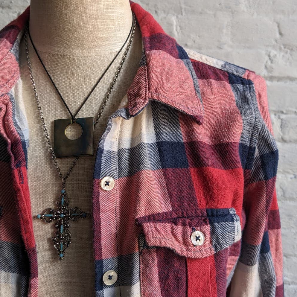 Retro 90s Faded Red Plaid Flannel Grunge Fairy Minimalist Preppy Boyfriend Top