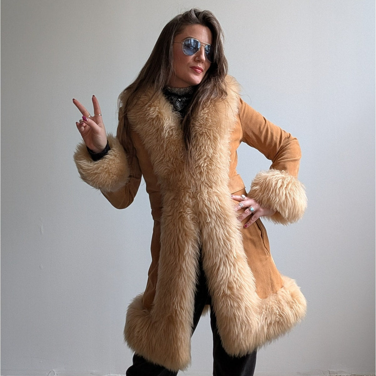 Vintage Tan Brown Suede Penny Lane Jacket Fur Furry Leather Trench Coat Small