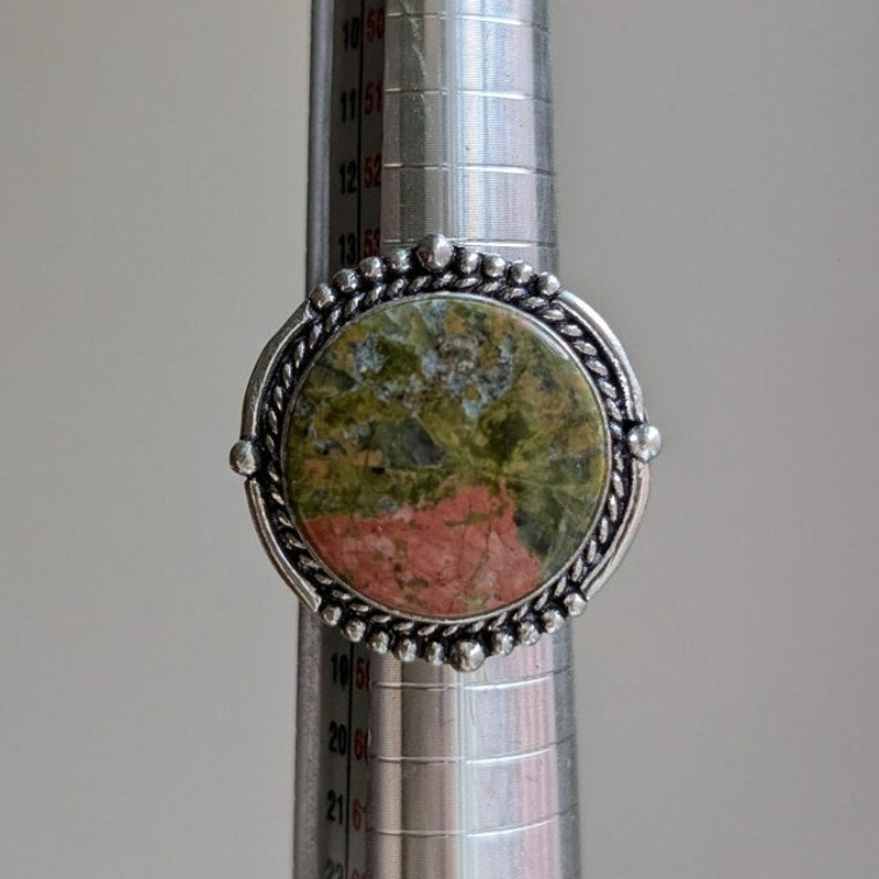 Earthy Green Pink Sterling Silver Ring Retro Vintage Boho Natural Stone Size 7.5
