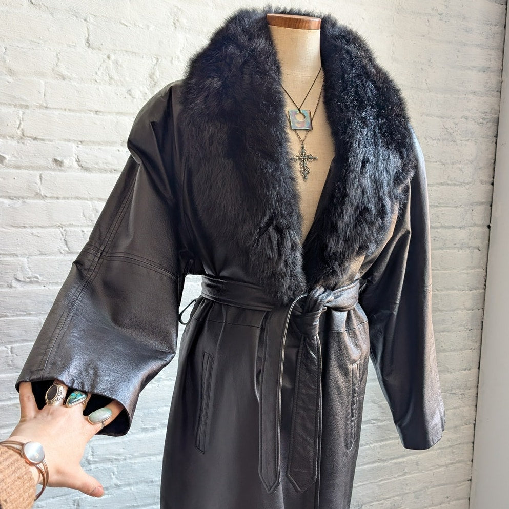 Vintage Black Leather Penny Lane Coat Fur Trench Minimalist Goth Furry Jacket
