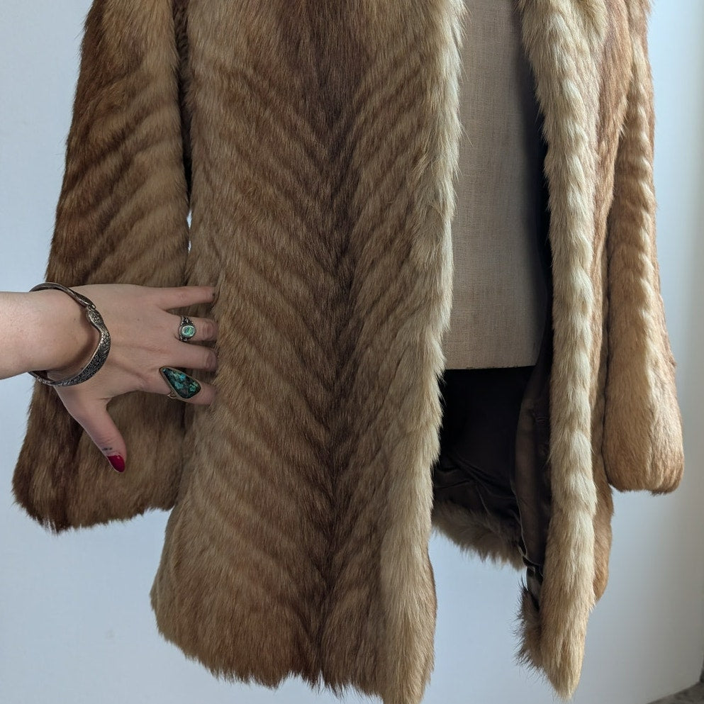 Vintage Brown Fur Coat Coyote Fox Fur Trim Coat Tan Neutral Winter Jacket Medium