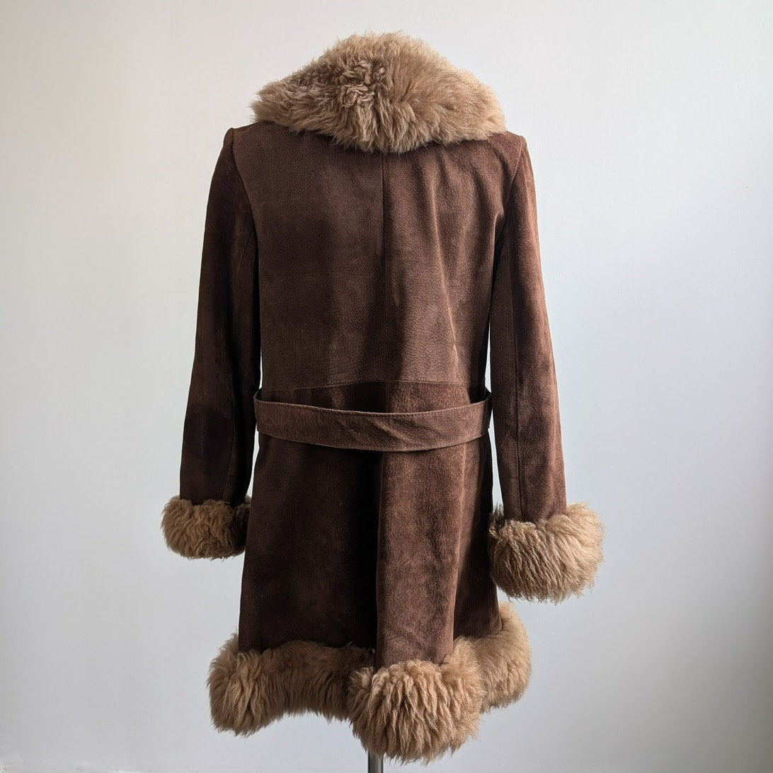 Vintage Brown Suede Penny Lane Jacket Groovy Fur Trim Leather Trench Coat Medium