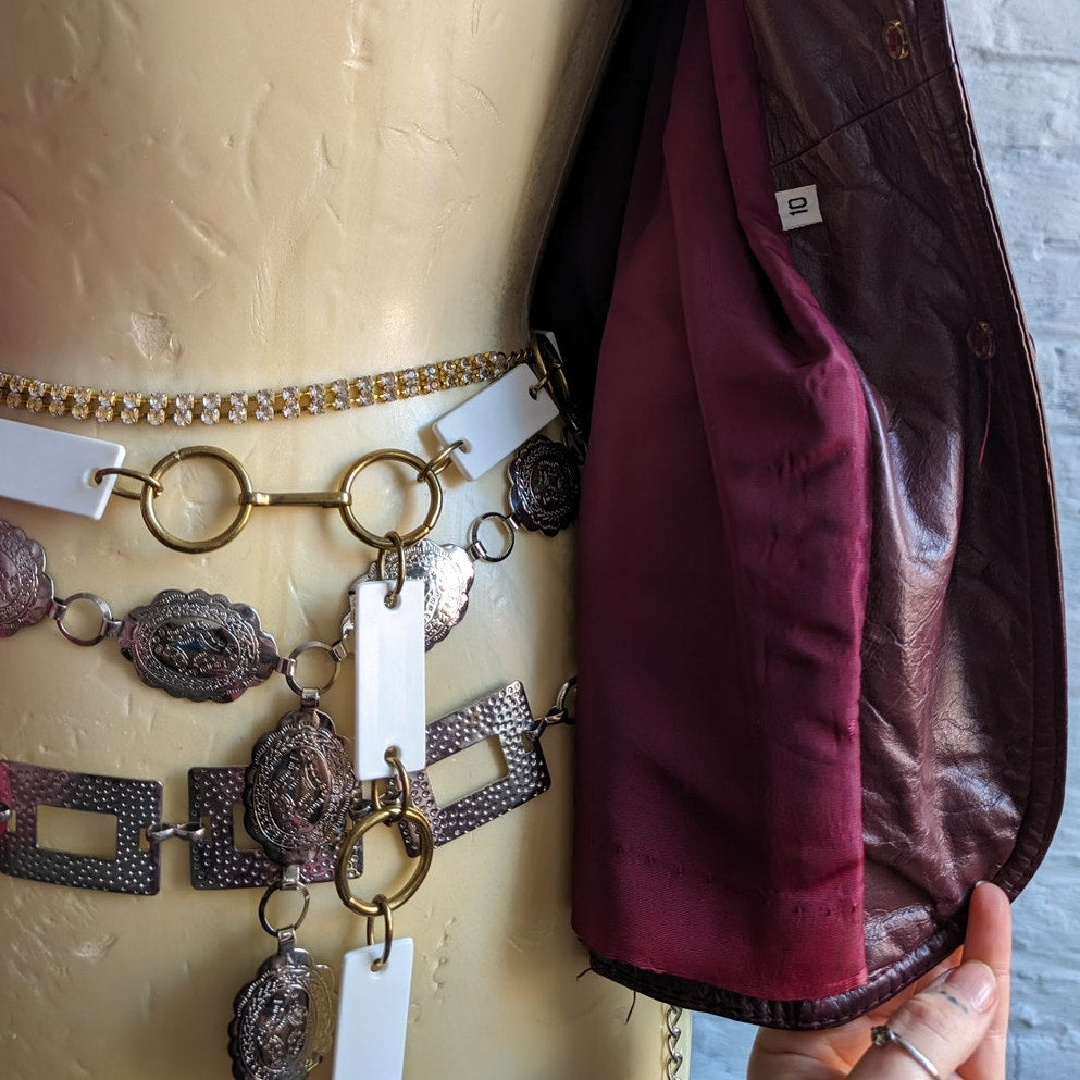 Vintage Red Burgundy Leather Jacket Minimalist Grunge Chic Biker Coat Blazer