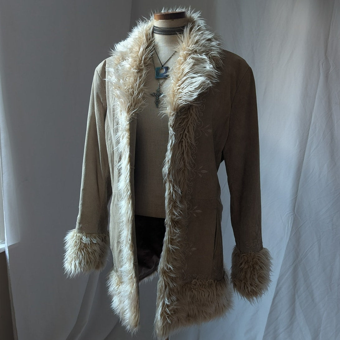 Y2K Vintage Tan Suede Penny Lane Jacket XL Faux Fur Coat Groovy Leather Coat