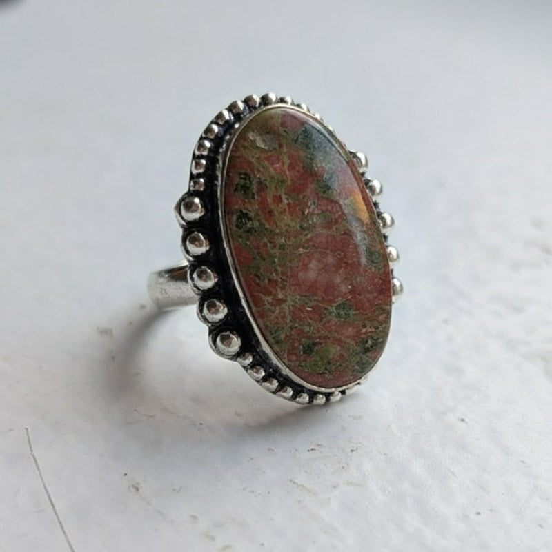 Earthy Green Pink Natural Stone Ring Boho Chic Sterling Silver Vintage Size 9