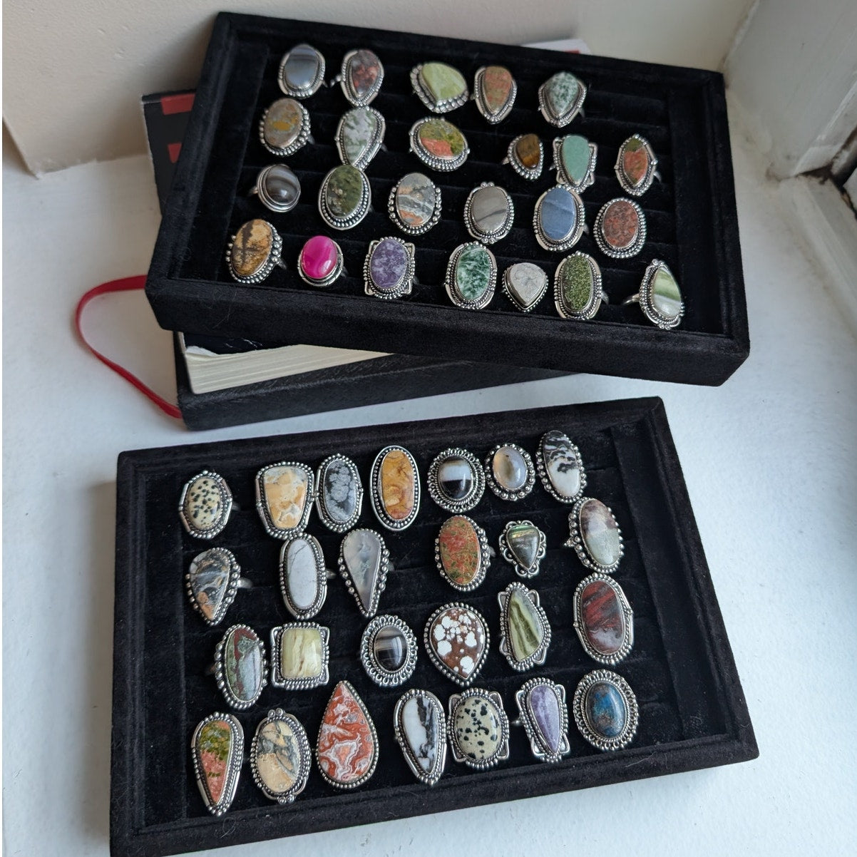 Black Smoke Striped Sterling Silver Ring Retro Vintage Boho Natural Stone Size 8