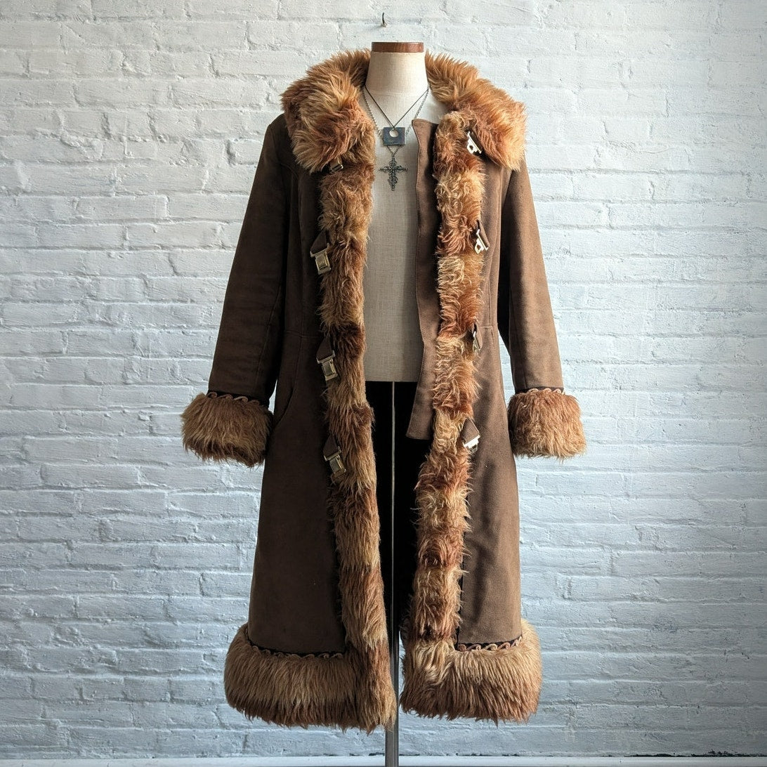 70s Vintage Brown Faux Fur Afghan Coat Penny Lane Groovy Shaggy Trench Jacket