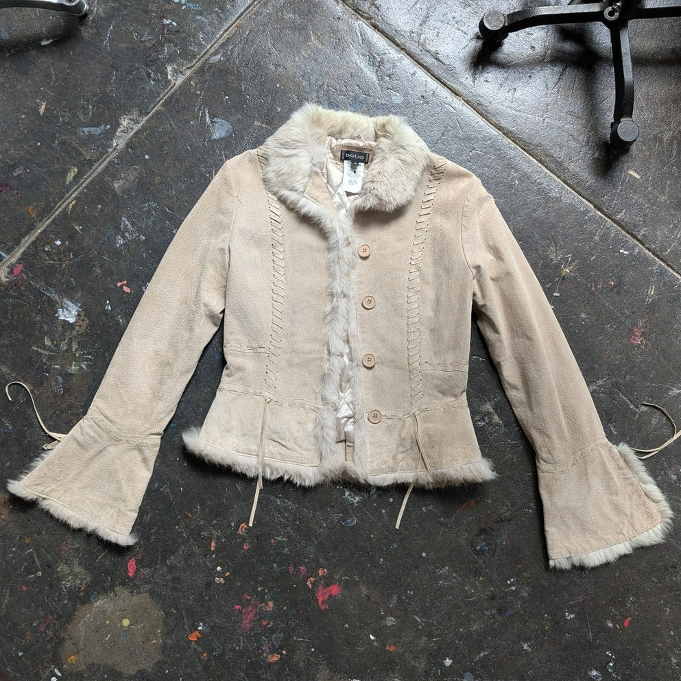 Vintage Tan Suede Penny Lane Coat Neutral Leather Fur Trim Boho Chic Coat Small