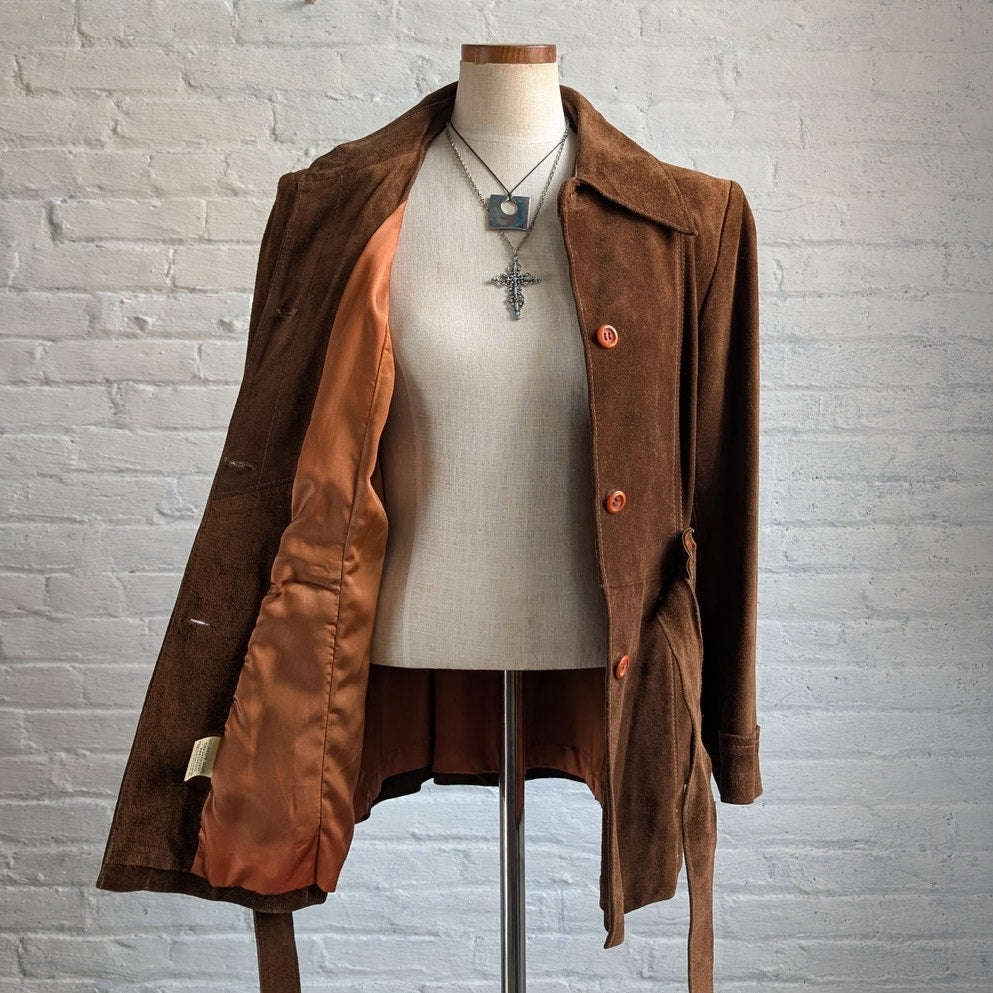 70s Vintage Brown Suede Leather Jacket Minimalist Boho Moto Biker Trench Coat
