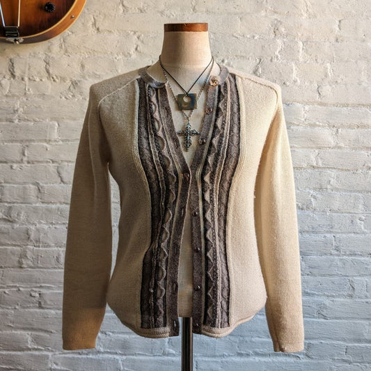 Vintage Alpaca Wool Neutral Knit Cardigan Fuzzy Embroidered Earthy Boho Sweater