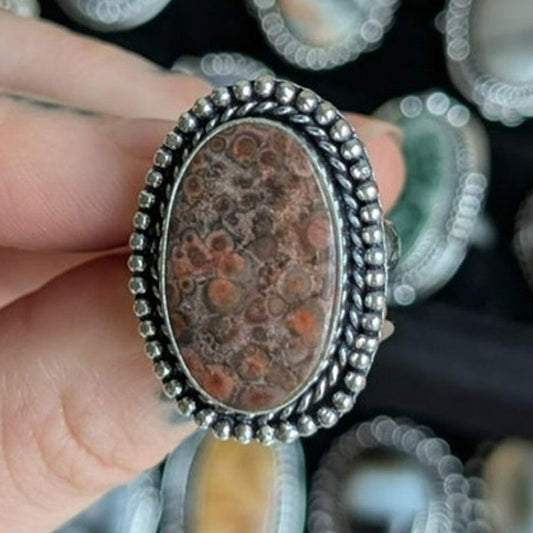 Earthy Brown Rust Natural Stone Ring Boho Chic Sterling Silver Vintage Size 7.5