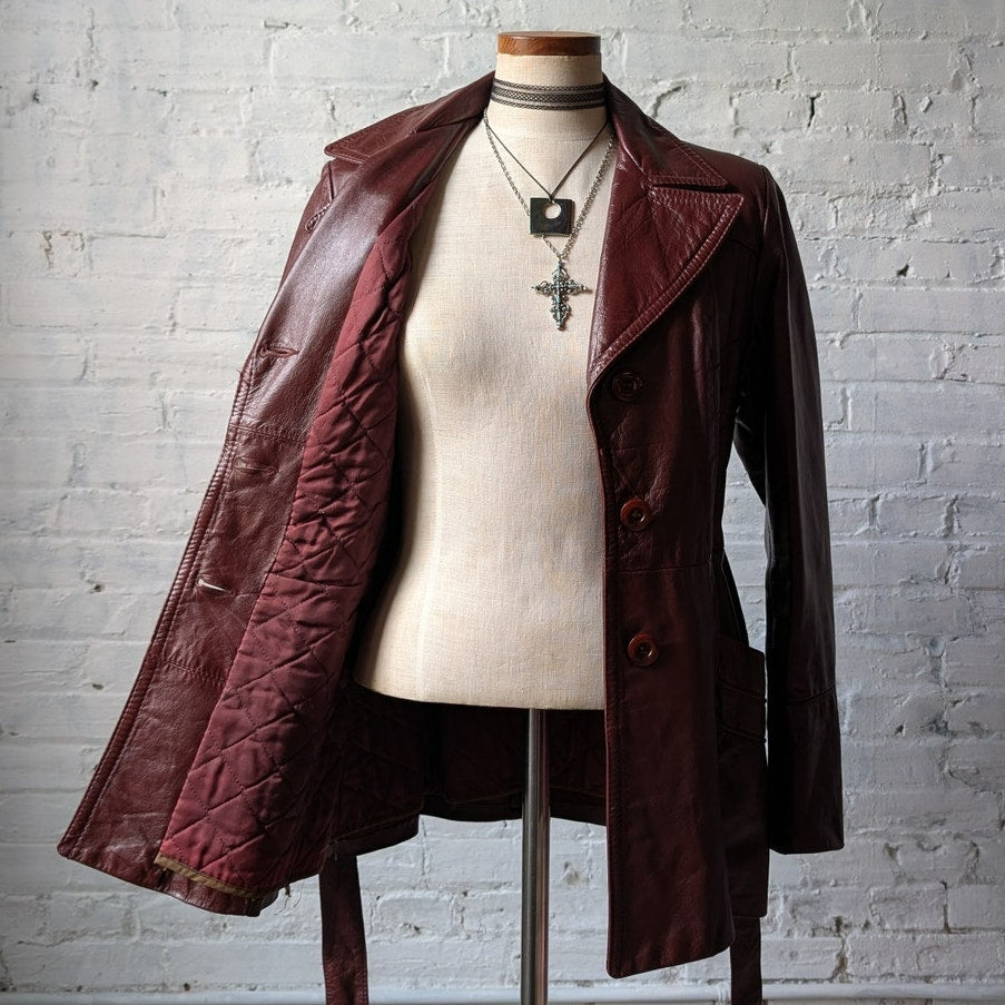 Vintage Red Leather Jacket Trench Coat Minimalist Grunge Chic Burgundy Medium