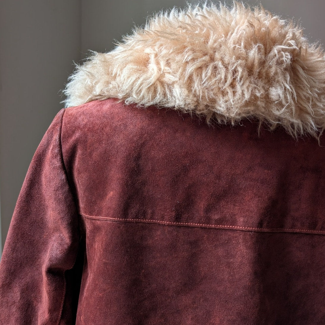 Vintage Red Suede Jacket Leather Penny Lane Coat Fur Trim 70s Trench Coat Small