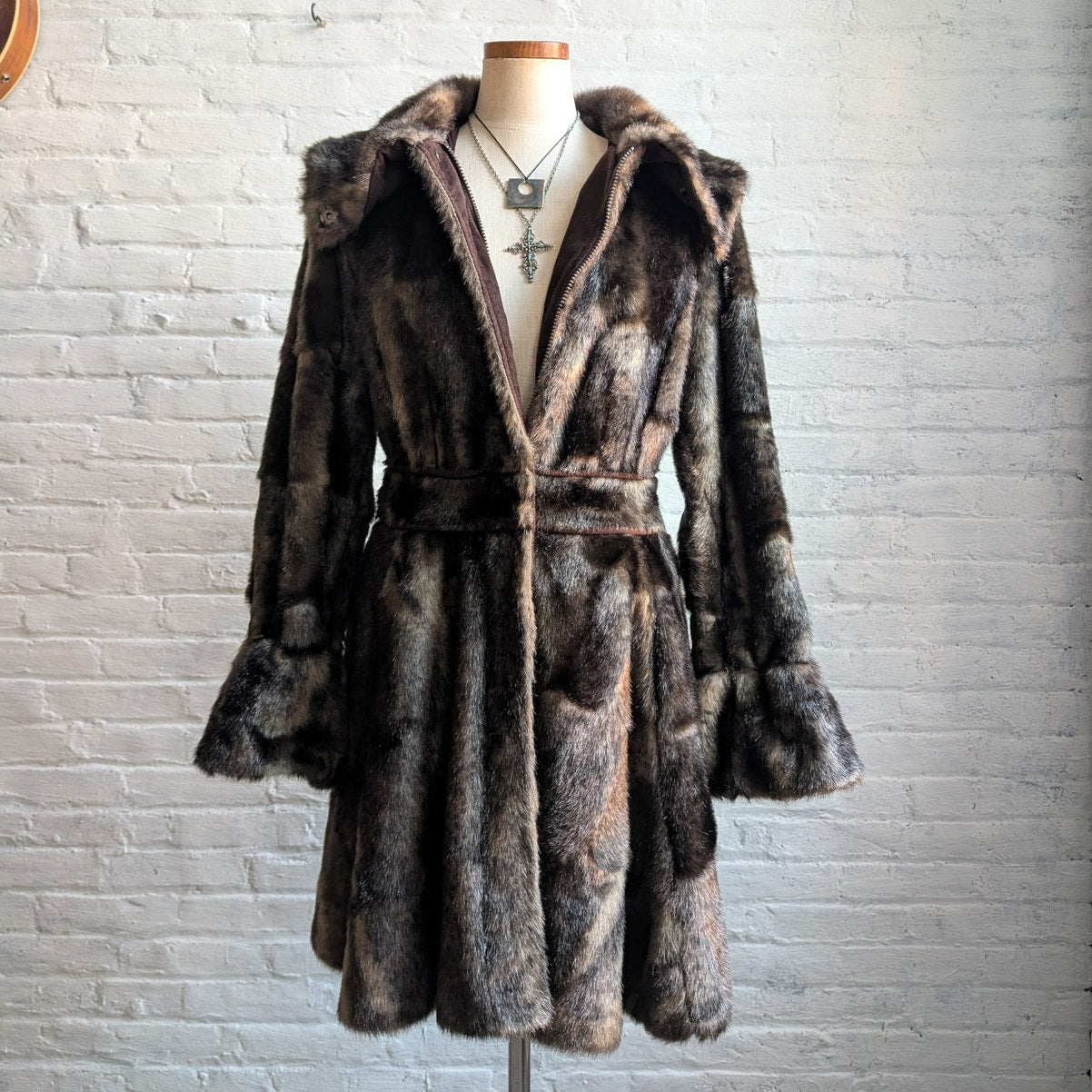 Vintage Brown Faux Fur Afghan Penny Lane Jacket Shaggy Furry Boho Trench Coat