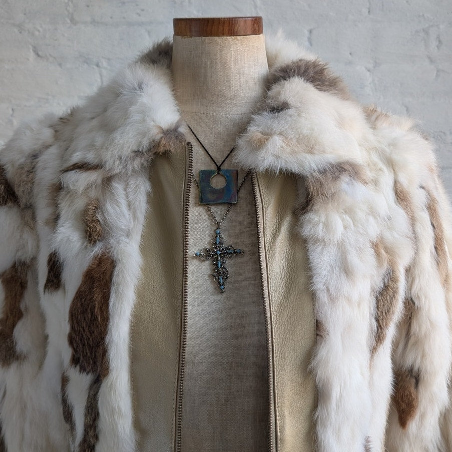 Vintage Patchwork Rabbit Fur Penny Lane Trench Coat Genuine Suede Leather Jacket