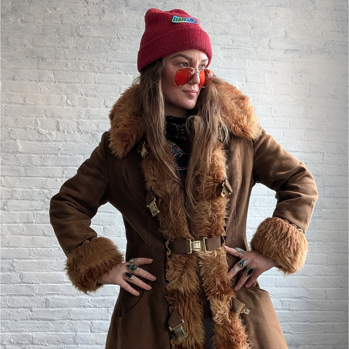 70s Vintage Brown Faux Fur Afghan Coat Penny Lane Groovy Shaggy Trench Jacket