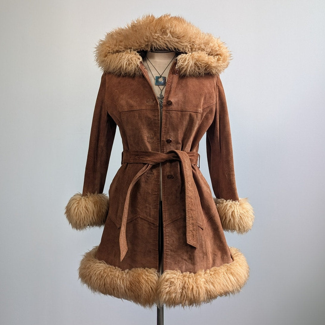 Vintage Brown Suede Coat Penny Lane Jacket Leather Trench Fur Coat Afghan Small