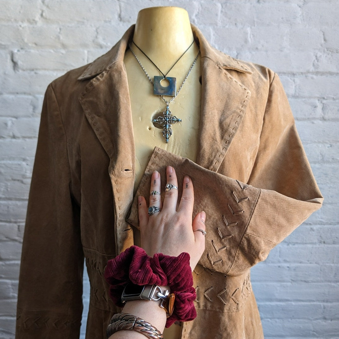 Y2K Tan Leather Trench Coat Neutral Suede Jacket Penny Lane Western Boho Large