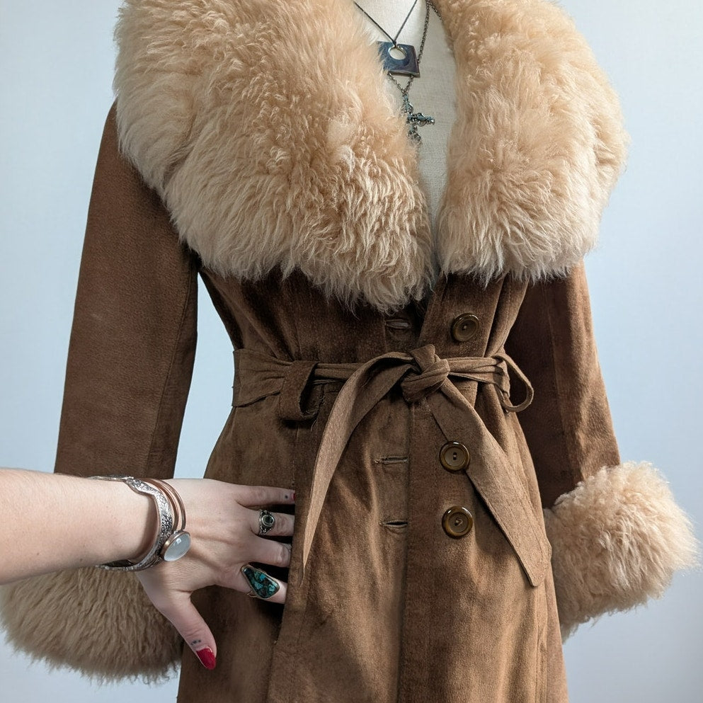 Vintage Brown Suede Fur Coat Boho Tan Leather Penny Lane Jacket Fur Trim Small