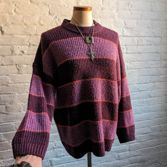Y2K Vintage Purple Stripe Knit Grandpa Sweater Minimal Grunge Woodsy Fairy Top