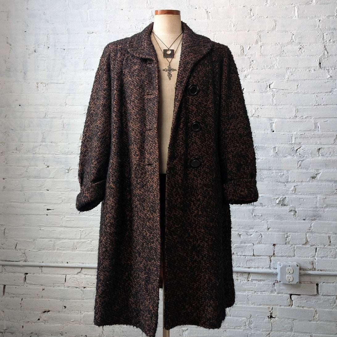 Vintage Black Rusty Fuzzy Wool Trench Coat Preppy Knit Boucle Boho Breezy Jacket