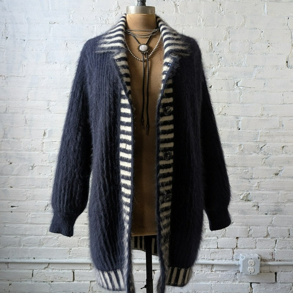 Vintage Blue Stripe Knit Sweater Jacket Furry Mohair Cardigan Granny Coat Medium