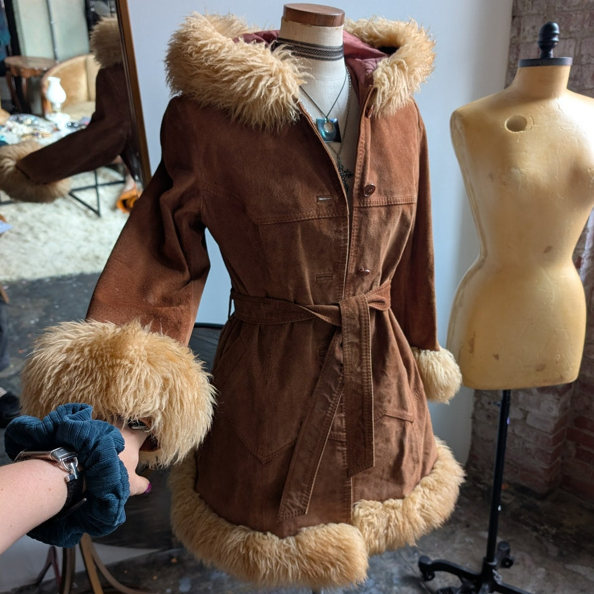 Vintage Brown Suede Coat Penny Lane Jacket Leather Trench Fur Coat Afghan Small